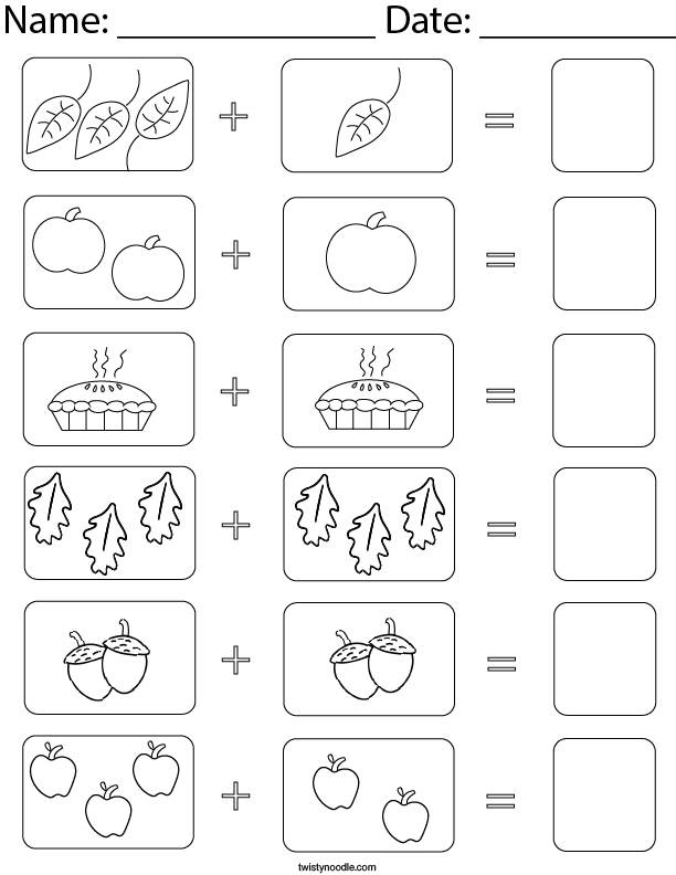 Fall Picture Addition Math Worksheet Twisty Noodle